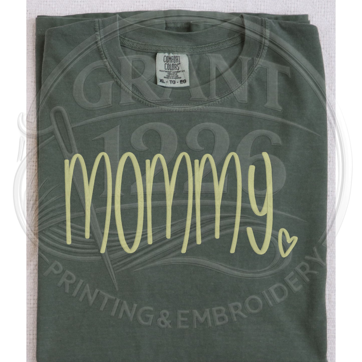 Moss mama shirt with minimalist embroidery design
