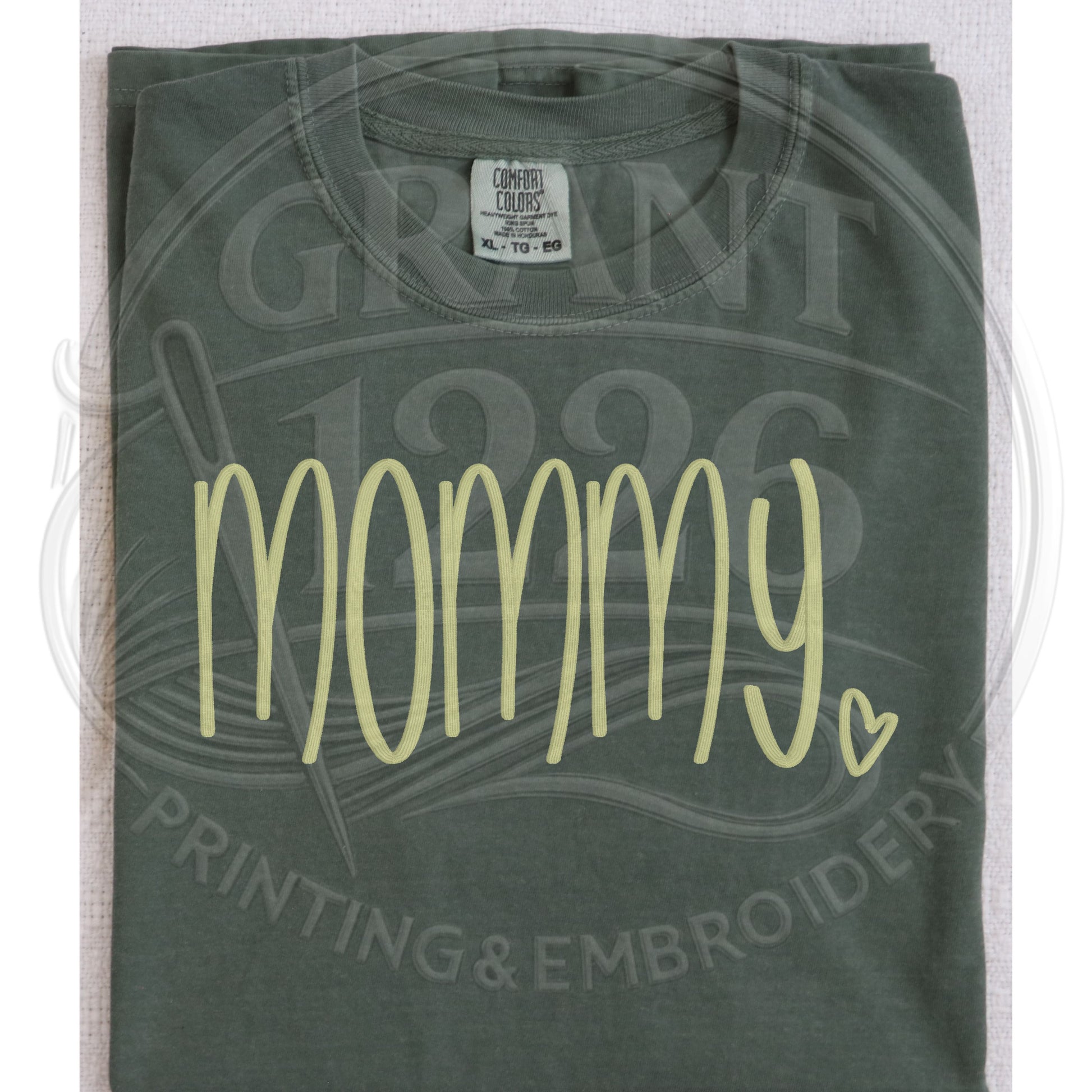 Moss mama shirt with minimalist embroidery design