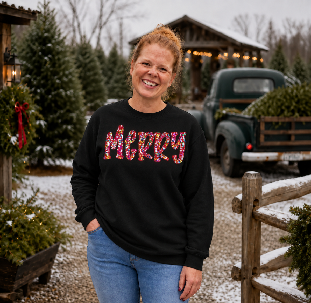 Multicolor sequin MERRY appliqué on a Black Gildan Softstyle sweatshirt