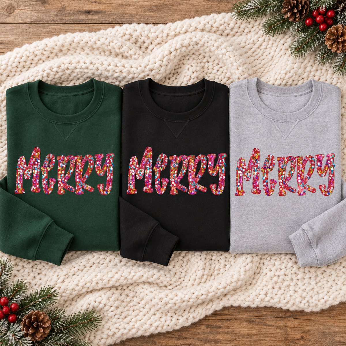 Multicolor sequin MERRY appliqué sweatshirt color options: Forest Green, Black, and Sport Grey