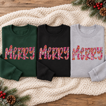 Multicolor sequin MERRY appliqué sweatshirt color options: Forest Green, Black, and Sport Grey