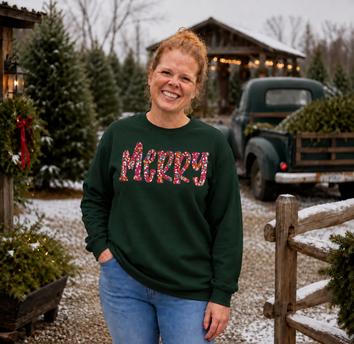 Multicolor sequin MERRY appliqué on a Forest Green Gildan Softstyle sweatshirt