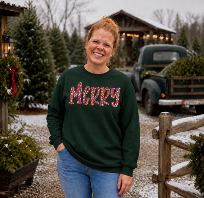 Multicolor sequin MERRY appliqué on a Forest Green Gildan Softstyle sweatshirt