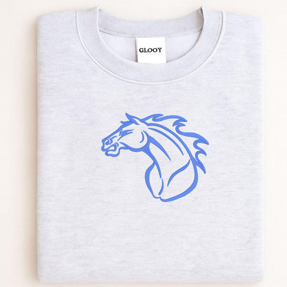 Sport gray Mustang horse embroidered crewneck folded for a front view