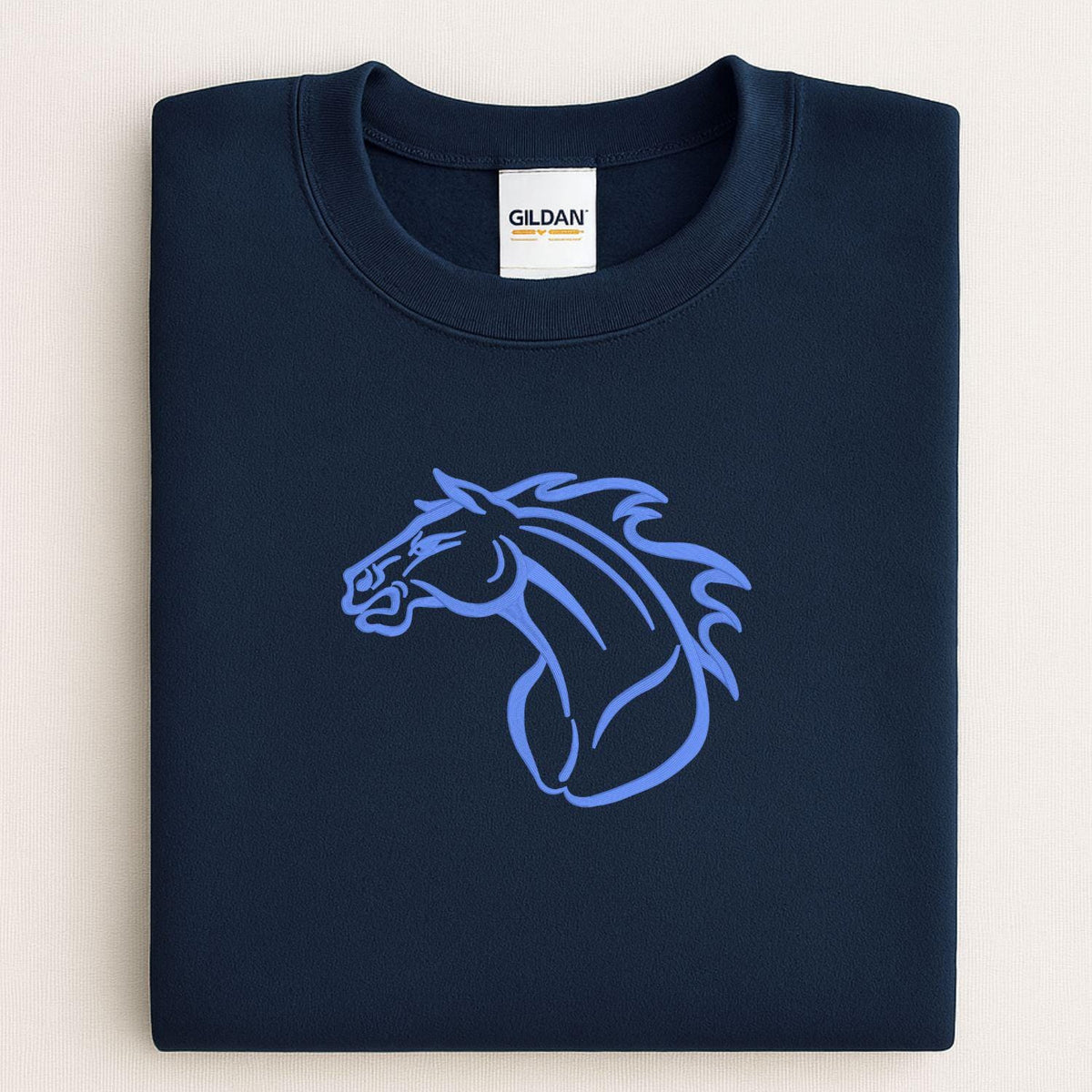 Navy Mustang horse mascot embroidered sweatshirt folded for a front view
