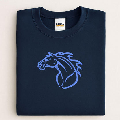 Navy Mustang horse mascot embroidered sweatshirt folded for a front view