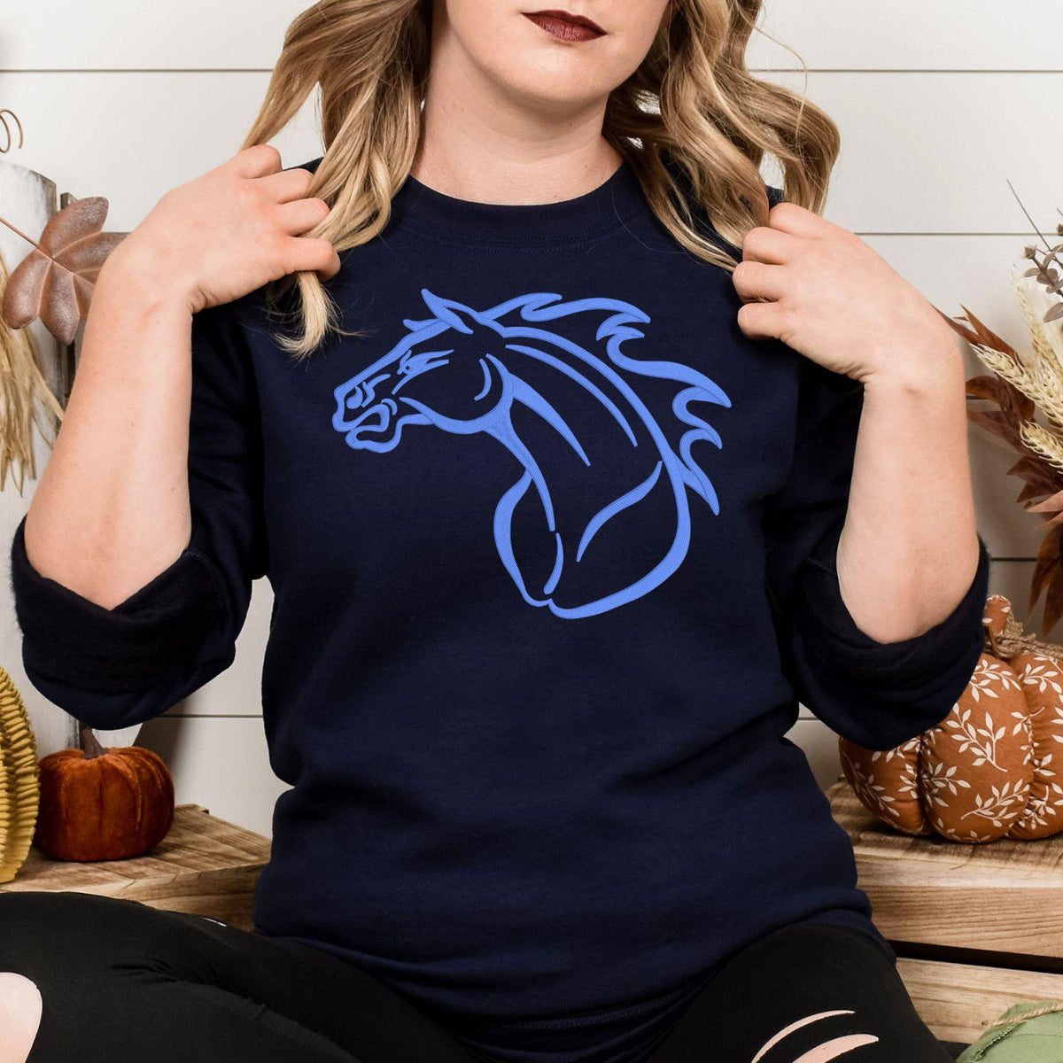Navy sweatshirt with blue Mustang horse mascot embroidery modeled indoors