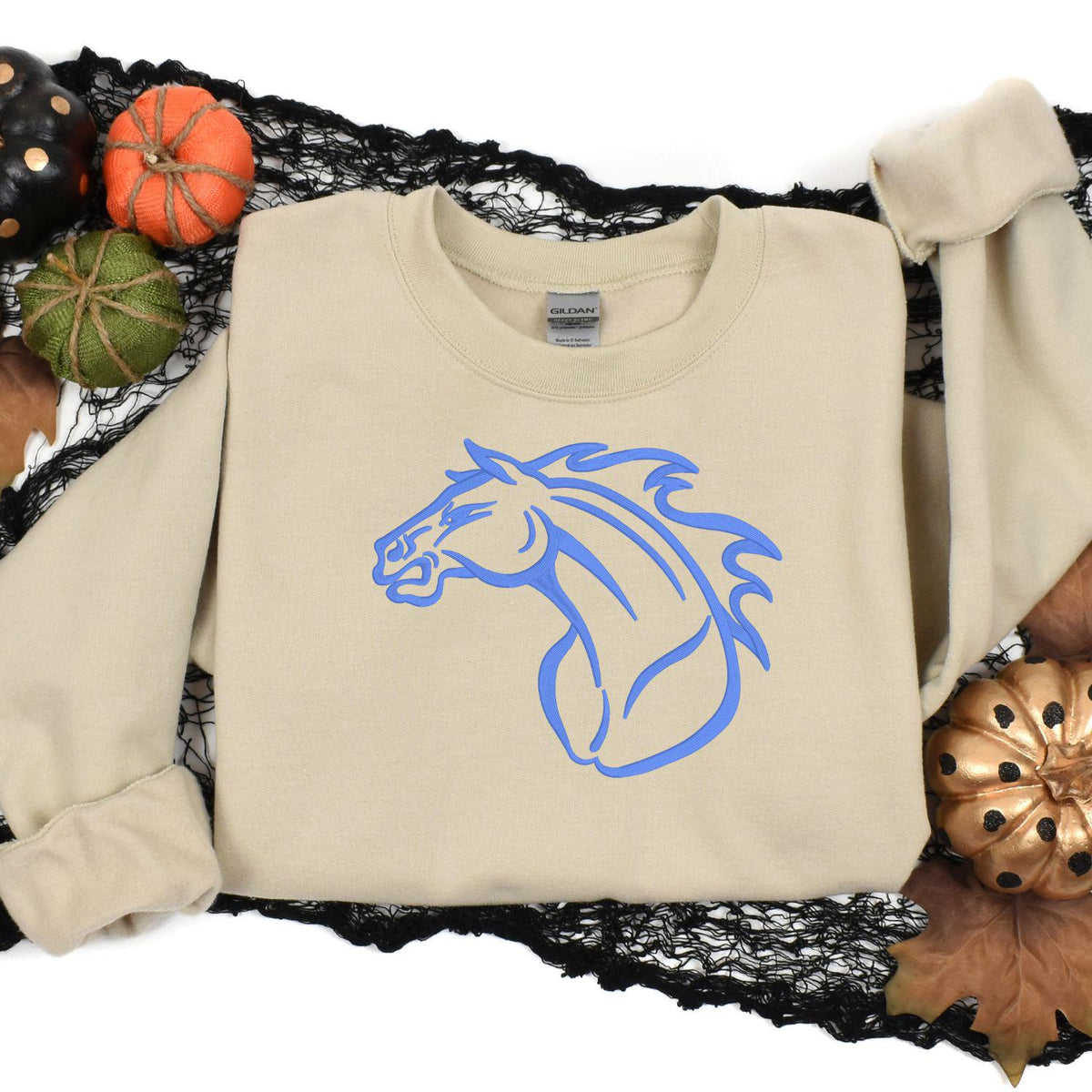 Sand Mustang horse sweatshirt styled with fall pumpkins and black lace