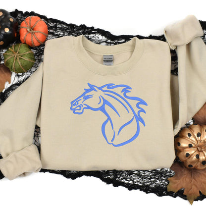 Sand Mustang horse sweatshirt styled with fall pumpkins and black lace