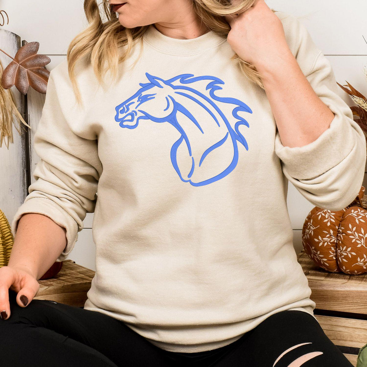 Sand sweatshirt with full-front blue Mustang horse embroidery modeled indoors