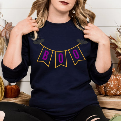 Navy embroidered BOO pennant banner sweatshirt lifestyle view