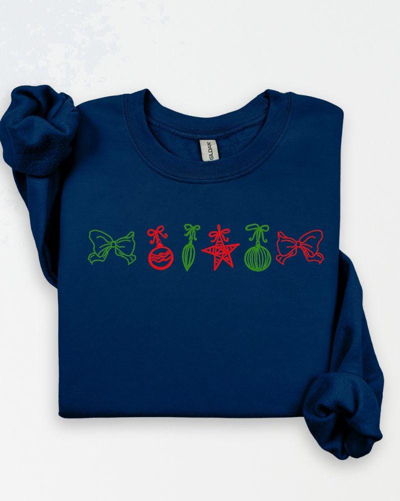 Navy Christmas ornaments embroidered holiday crewneck sweatshirt flat lay