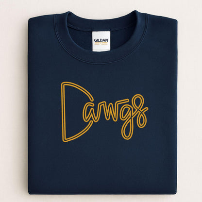 Navy Gildan sweatshirt with gold Dawgs puff embroidery across the chest