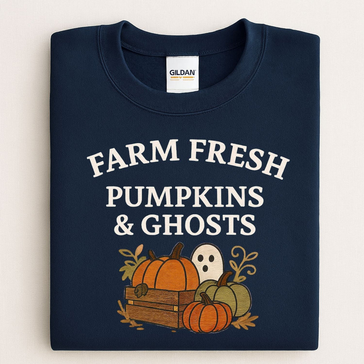 Folded Navy sweatshirt with Farm Fresh Pumpkins and Ghosts embroidery