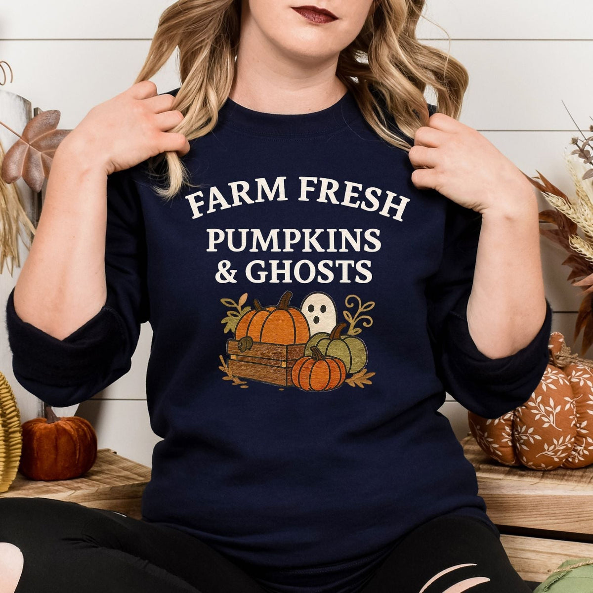 Navy Halloween crewneck embroidered with pumpkins, ghost and rustic crate