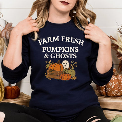 Navy Halloween crewneck embroidered with pumpkins, ghost and rustic crate