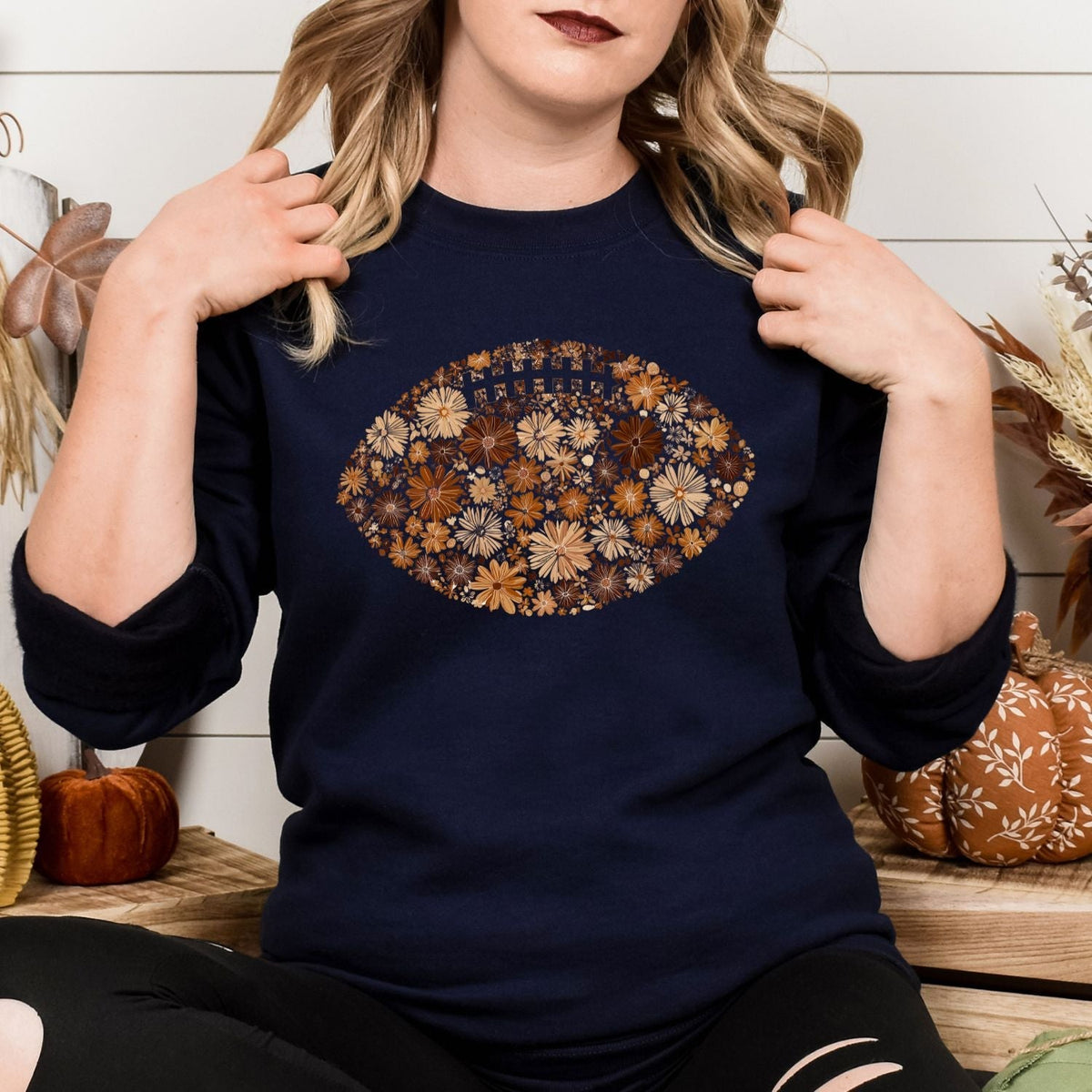 Navy floral football sweatshirt with autumn flowers for football season