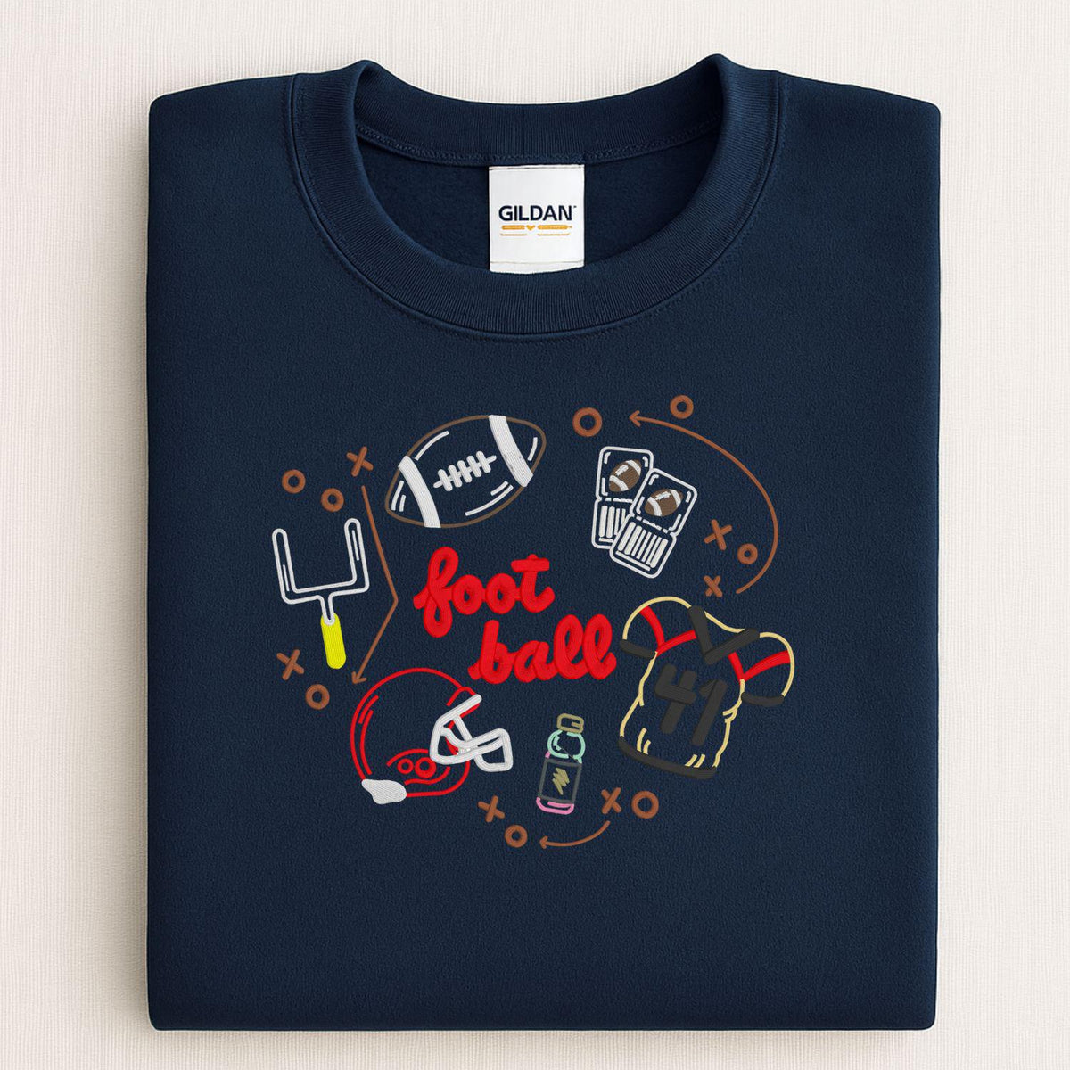 Navy Gildan sweatshirt with embroidered football, helmet and goal post icons