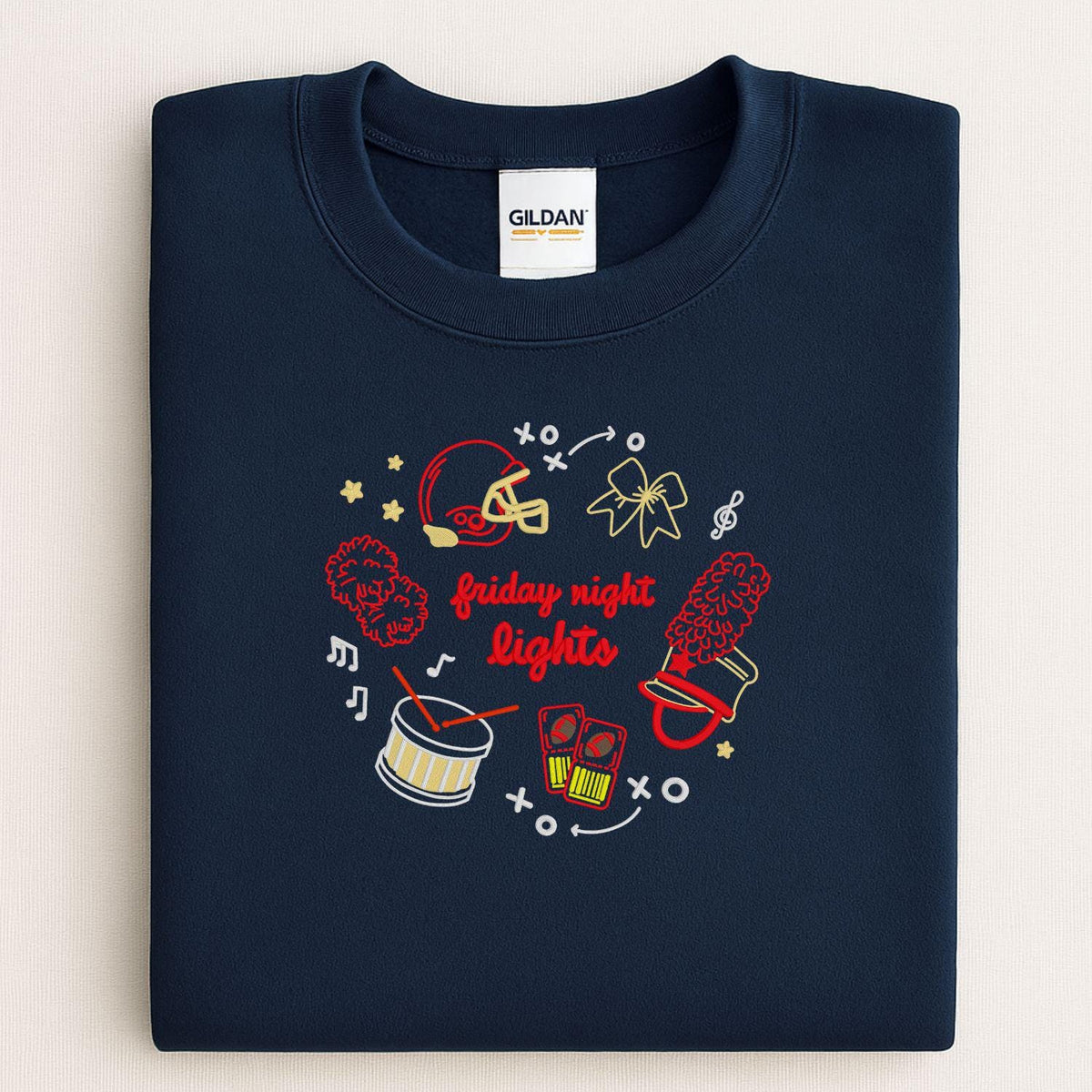 Navy Gildan sweatshirt with Friday Night Lights embroidery and school spirit icons