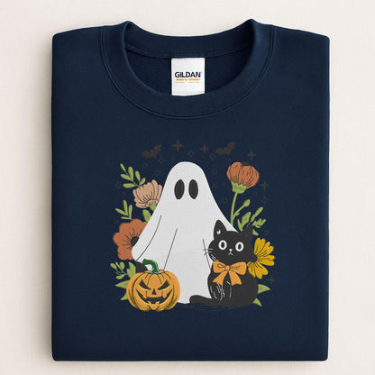 Folded Navy sweatshirt with ghost, black cat, pumpkin and floral embroidery