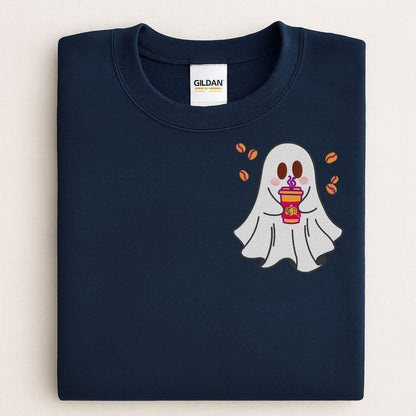 Folded Navy sweatshirt with small ghost and coffee cup embroidery