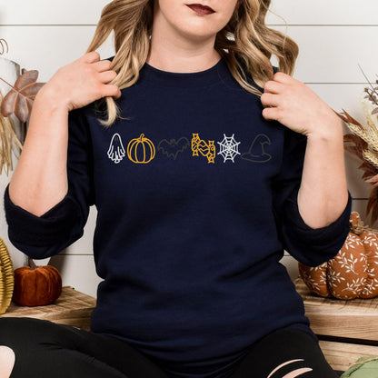 Navy embroidered sweatshirt with a row of ghost, pumpkin, bat and witch icons