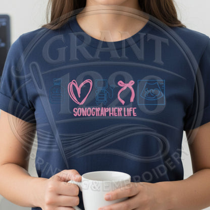Navy Sonographer Life shirt with customizable embroidery colors
