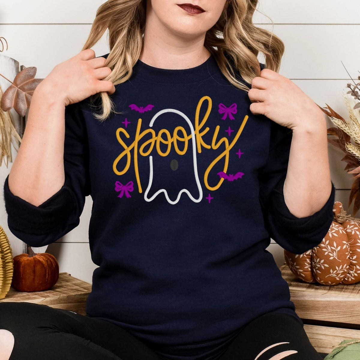 Navy embroidered Halloween crewneck with ghost, bows, bats and Spooky script