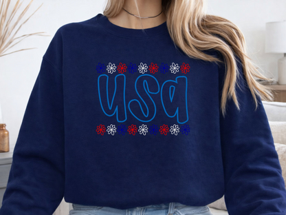 Navy Gildan USA puff-embroidery sweatshirt with patriotic daisy borders on model
