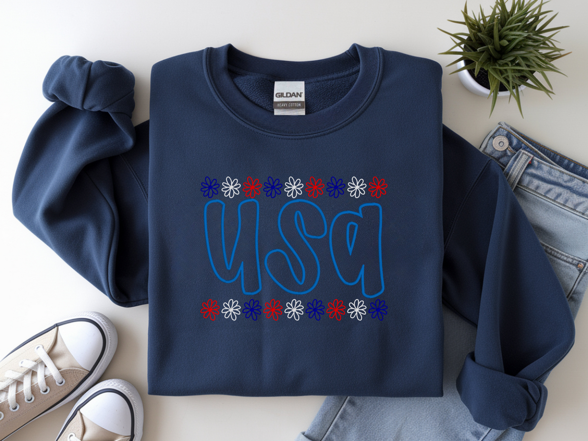 Navy Gildan USA puff-embroidery crewneck sweatshirt flat lay