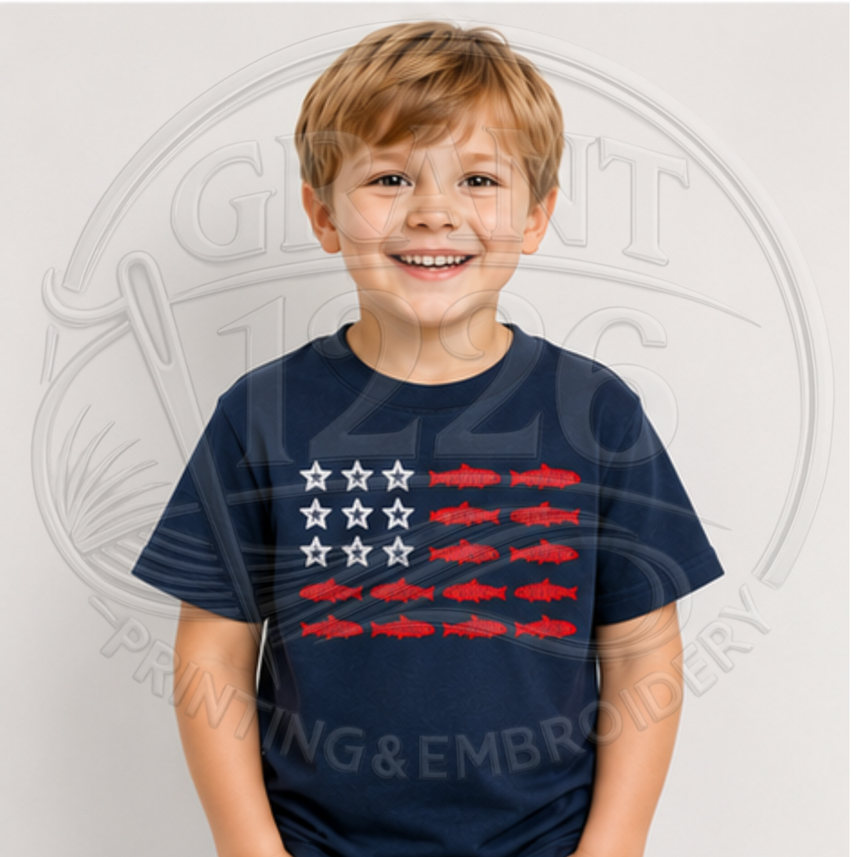 Youth Navy patriotic fish and stars embroidered T-shirt