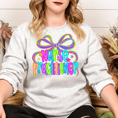 Model wearing ash gray Nurse Practitioner bow graphic sweatshirt