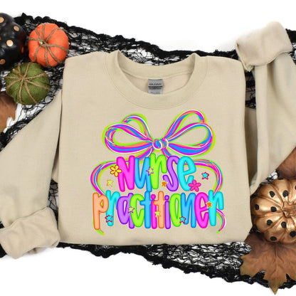 Sand Nurse Practitioner bow sweatshirt styled in a Halloween flat lay