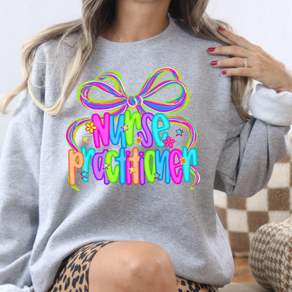 Model wearing sport gray Nurse Practitioner bow graphic sweatshirt