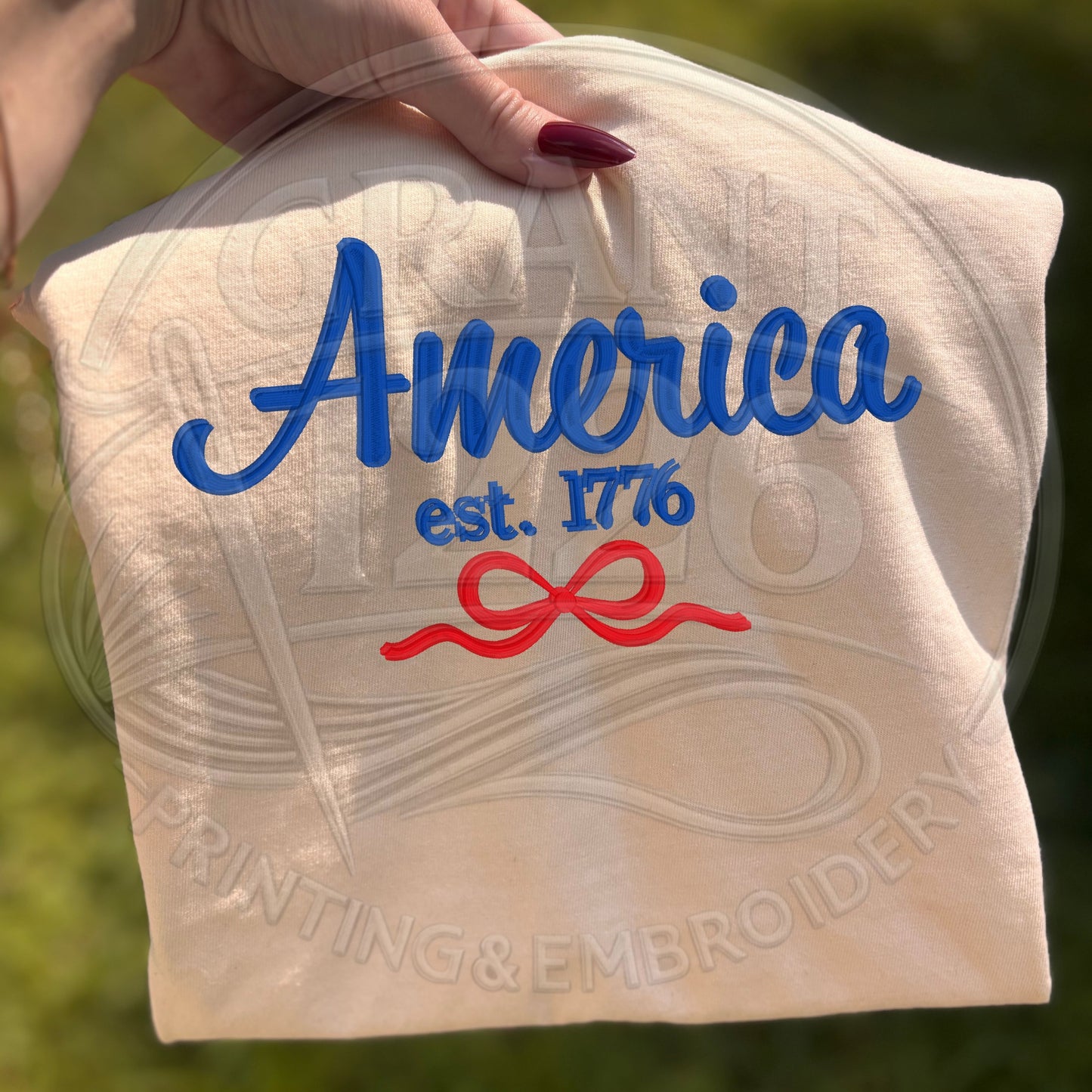 Neutral beige embroidered America patriotic shirt for women