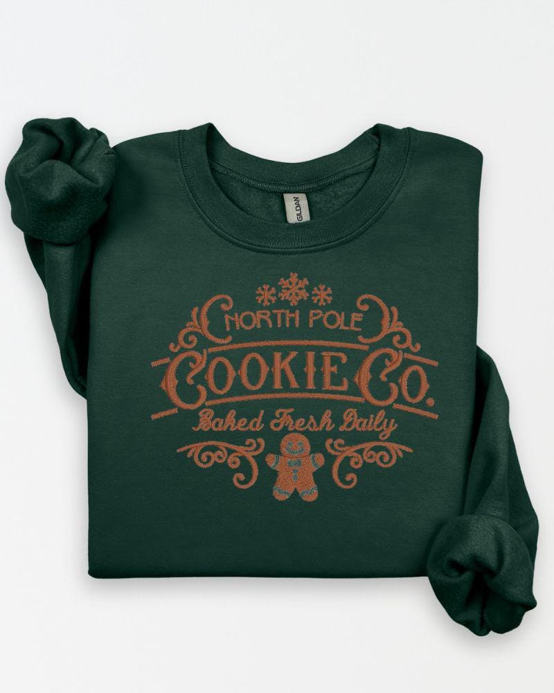 North Pole Cookie Co. embroidered Christmas sweatshirt in Forest Green