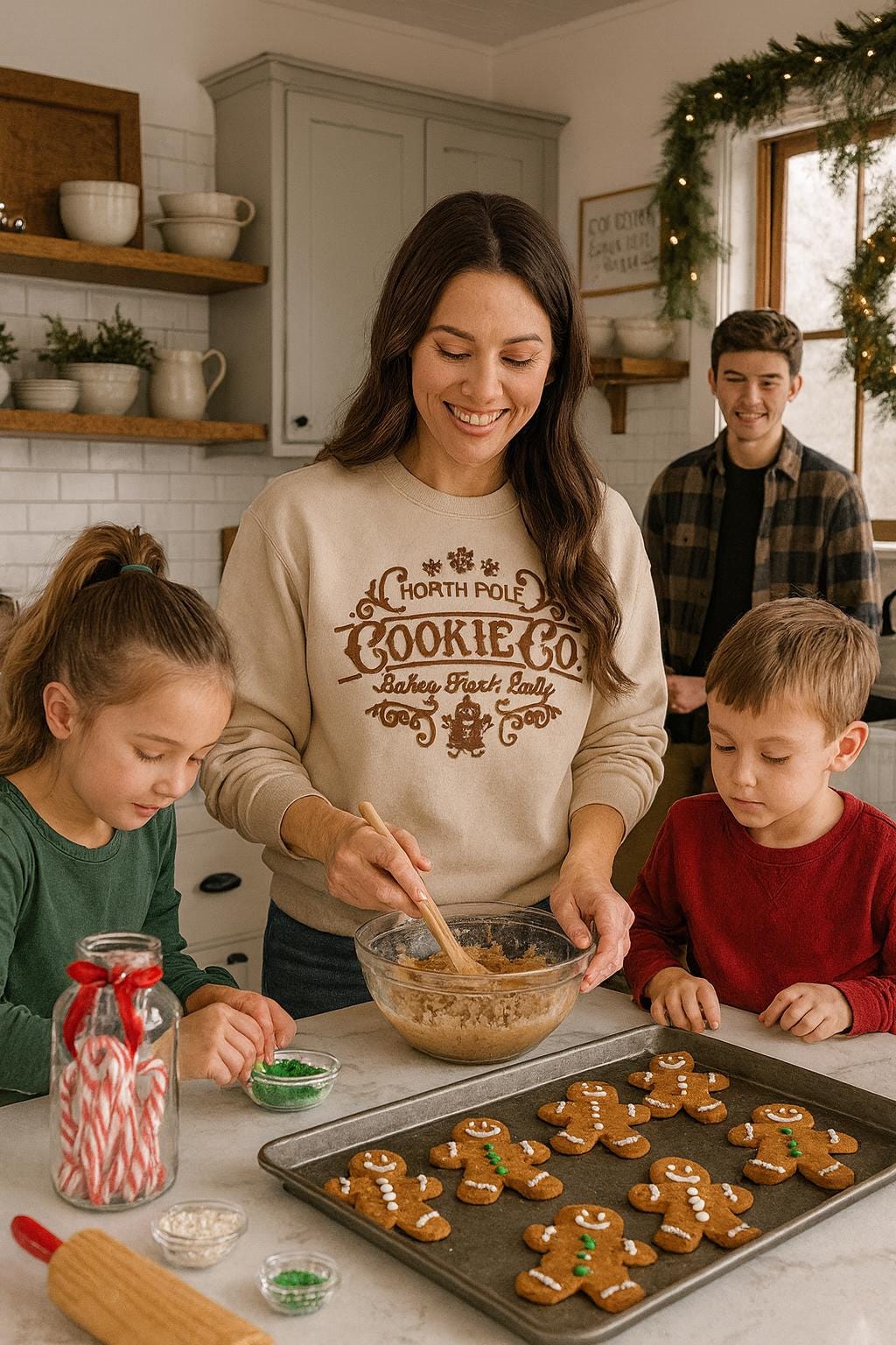 Woman wearing a Sand North Pole Cookie Co. embroidered sweatshirt while baking Christmas cookies with children