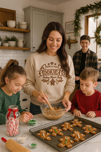 Woman wearing a Sand North Pole Cookie Co. embroidered sweatshirt while baking Christmas cookies with children