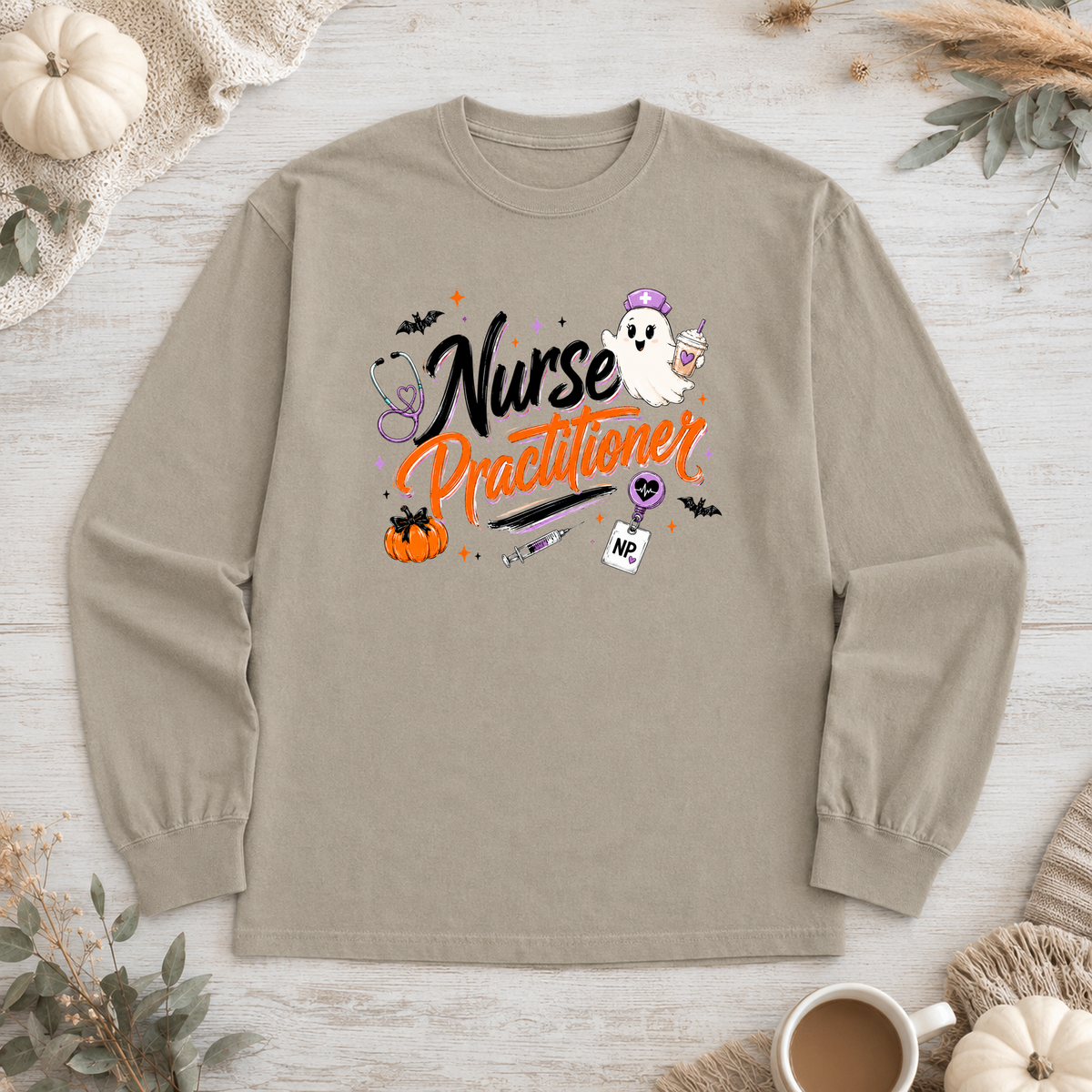 NP Halloween ghost shirt on Sandstone Comfort Colors long sleeve flat lay