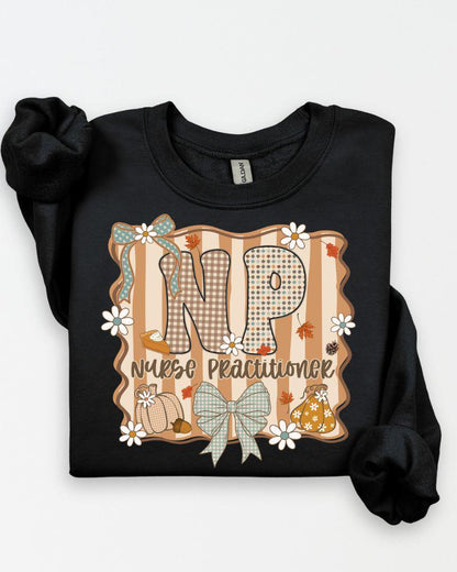 Navy Gildan Heavy Blend sweatshirt with fall NP Nurse Practitioner pumpkin and bow graphic