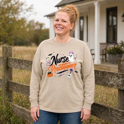 Nurse Practitioner Halloween long sleeve shirt in Sandstone Comfort Colors