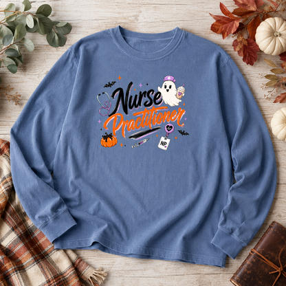 Nurse Practitioner Halloween shirt on Blue Jean long sleeve flat lay