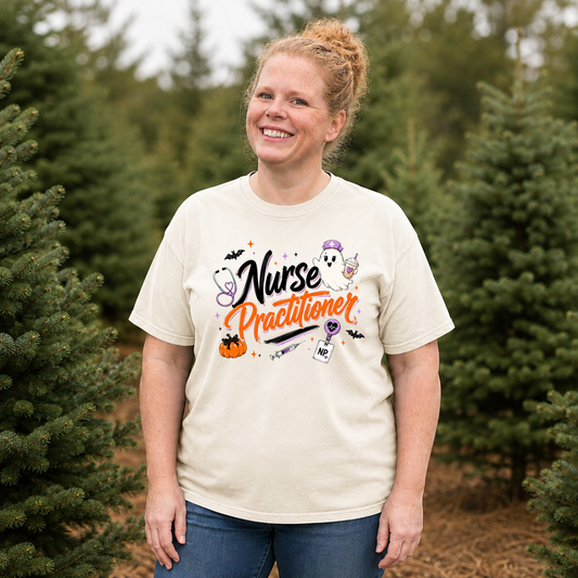 Nurse Practitioner Halloween shirt on Ivory Comfort Colors short sleeve tee