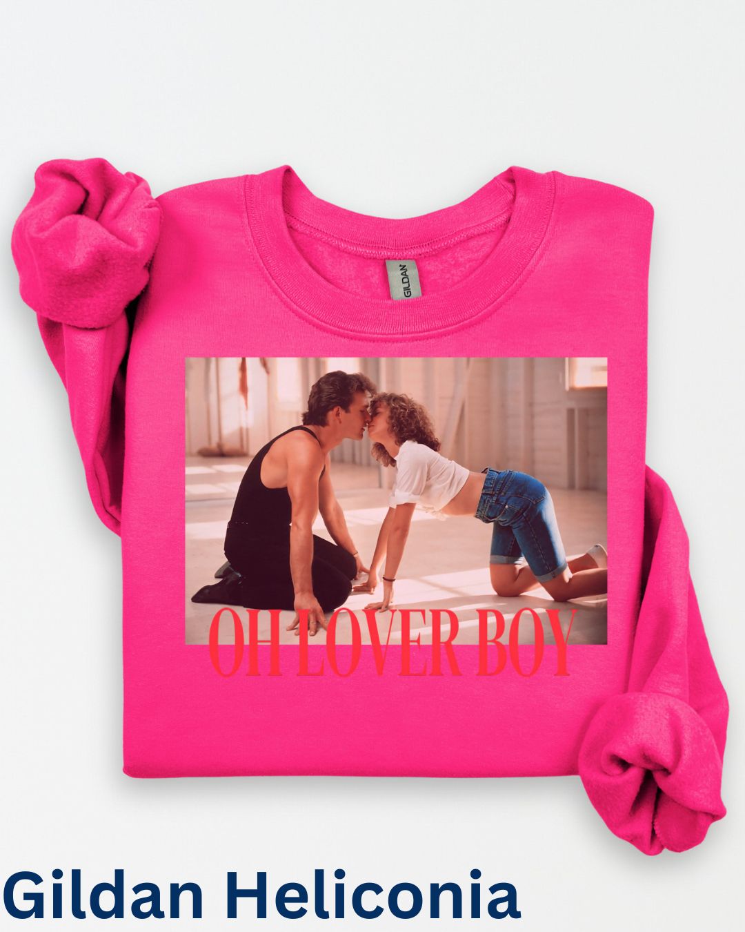 Oh Lover Boy retro romance sweatshirt in bright heliconia pink Gildan crewneck with vintage movie inspired artwork