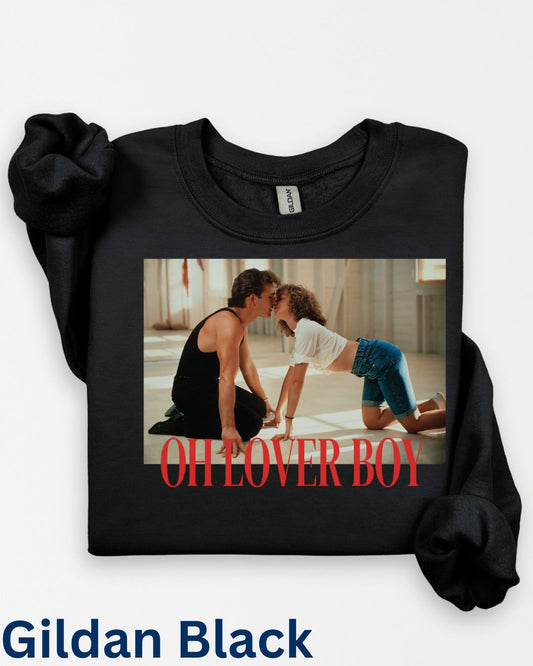 Oh Lover Boy vintage movie sweatshirt on black Gildan crewneck featuring romantic retro dance artwork