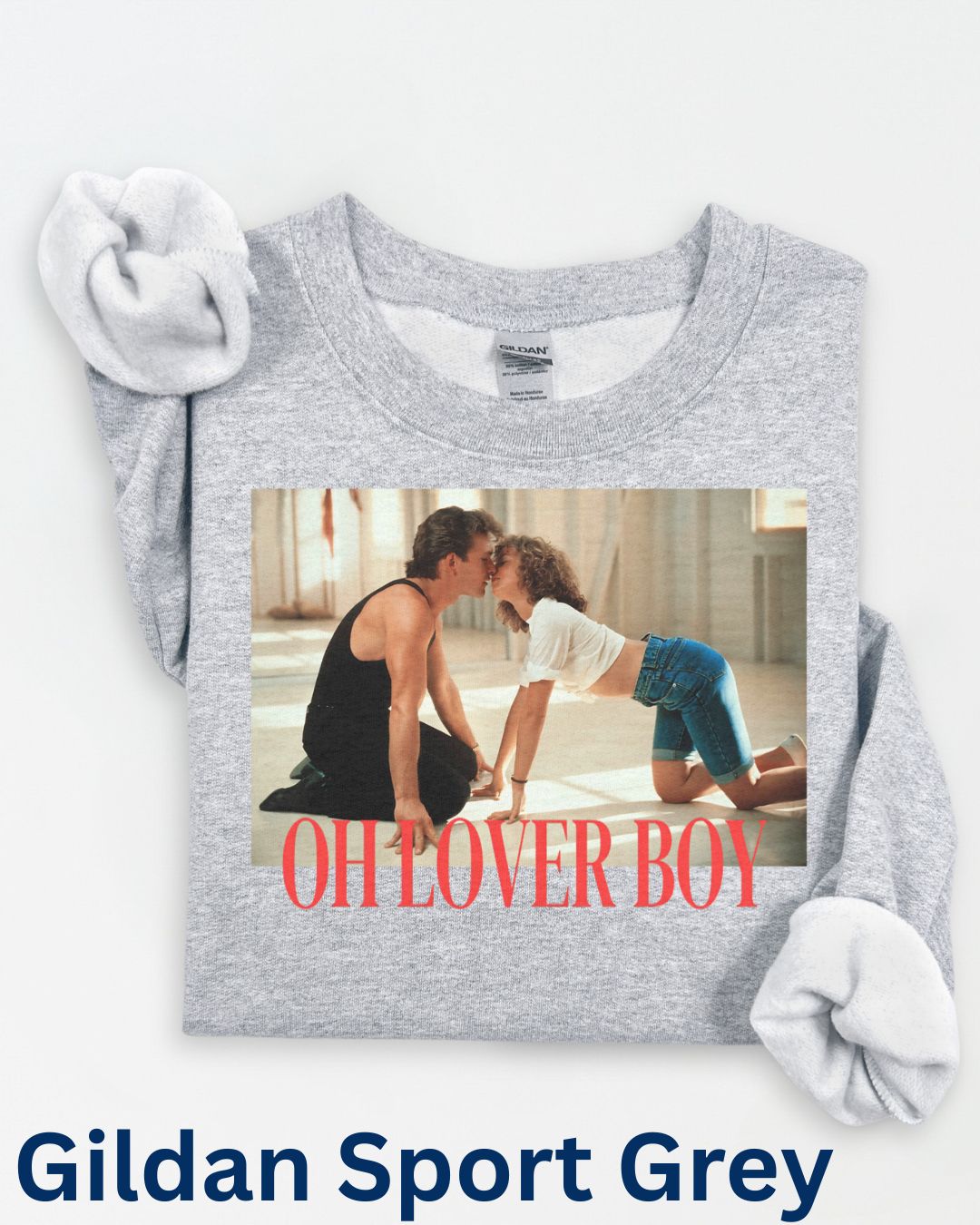 Oh Lover Boy retro couple sweatshirt on sport grey Gildan unisex crewneck with vintage inspired artwork
