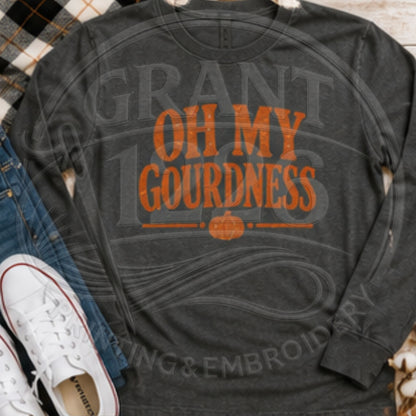 Close-up of charcoal Oh My Gourdness fall graphic tee with orange pumpkin design