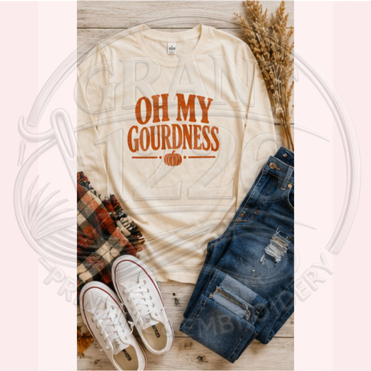 Ivory Oh My Gourdness long sleeve Thanksgiving shirt with burnt orange pumpkin graphic