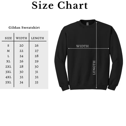 Gildan unisex crewneck sweatshirt size chart with width and length measurements