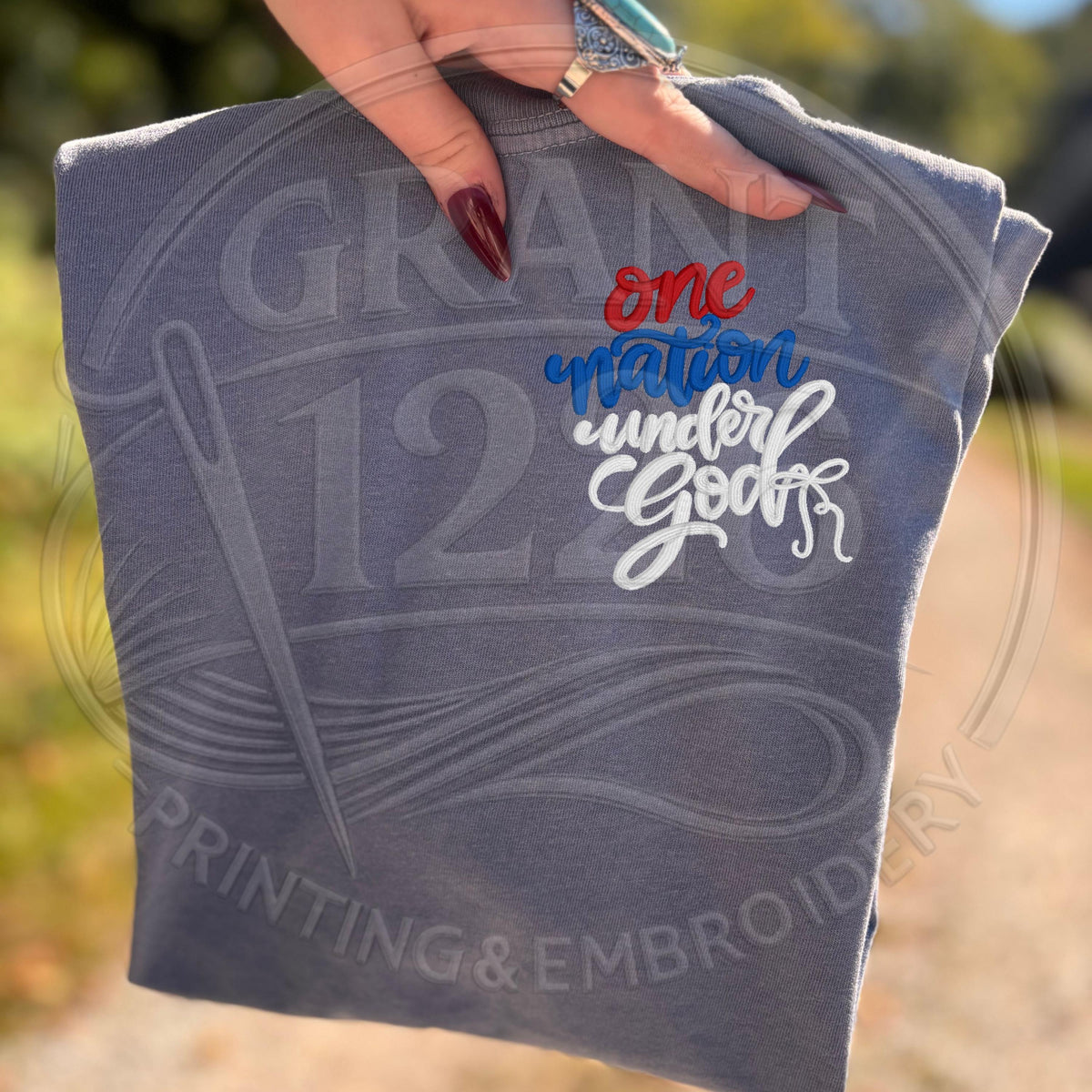 Blue Jean Comfort Colors Christian patriotic embroidered T-shirt